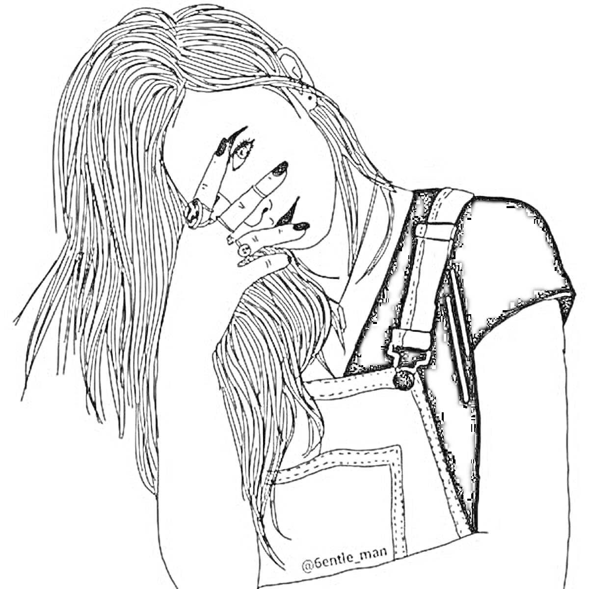 Раскраска Девушка с длинными волосами в комбинезоне, закрывающая лицо рукой