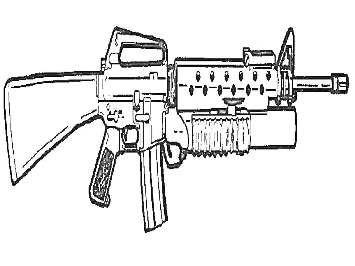 Раскраска Автомат с плечевым прикладом, тактической рукояткой и обвесами