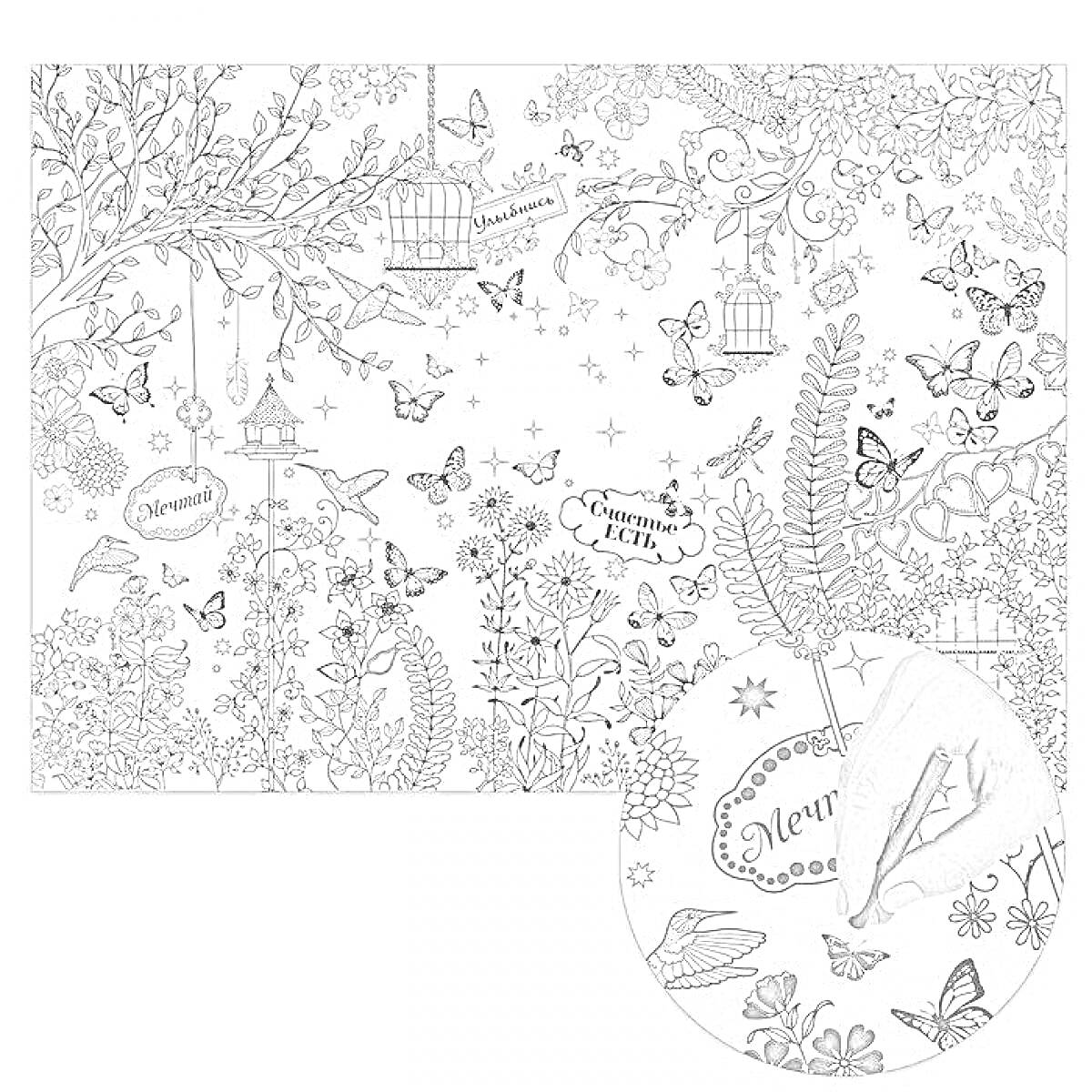 Раскраска Раскраска-схема скатерть с бабочками, птичьими клетками, растениями и птицами