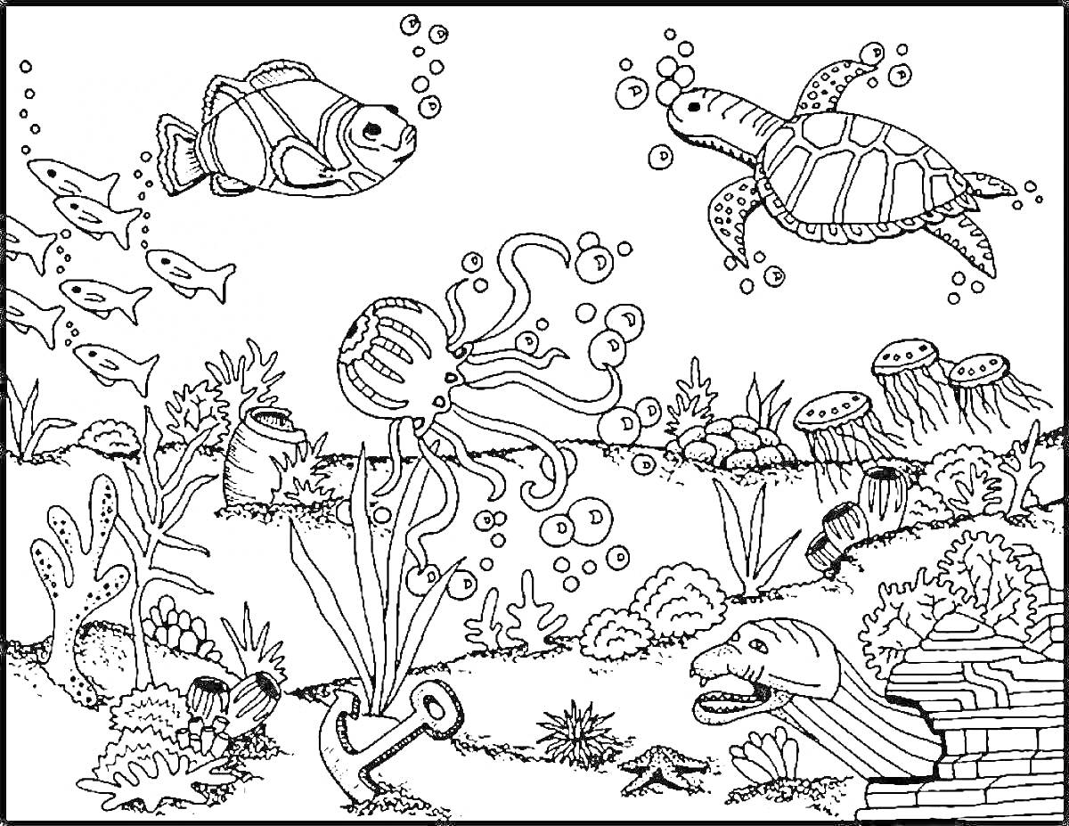 На раскраске изображено: Морское дно, Подводный мир, Черепаха, Медуза, Кораллы, Водоросли, Подводные растения, Обломки, Морской конек, Рыба, Пузыри, Сундуки