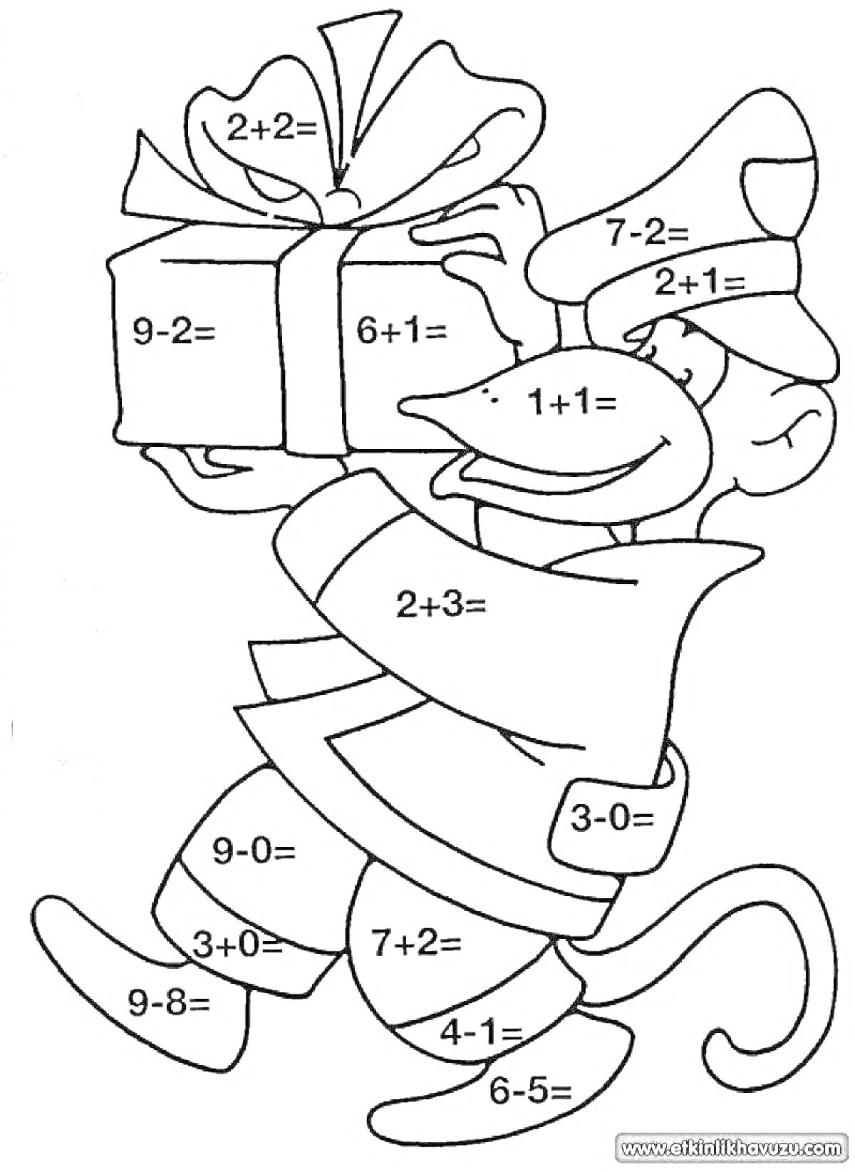 Раскраска Обезьянка с подарком, примеры сложения и вычитания в пределах 10