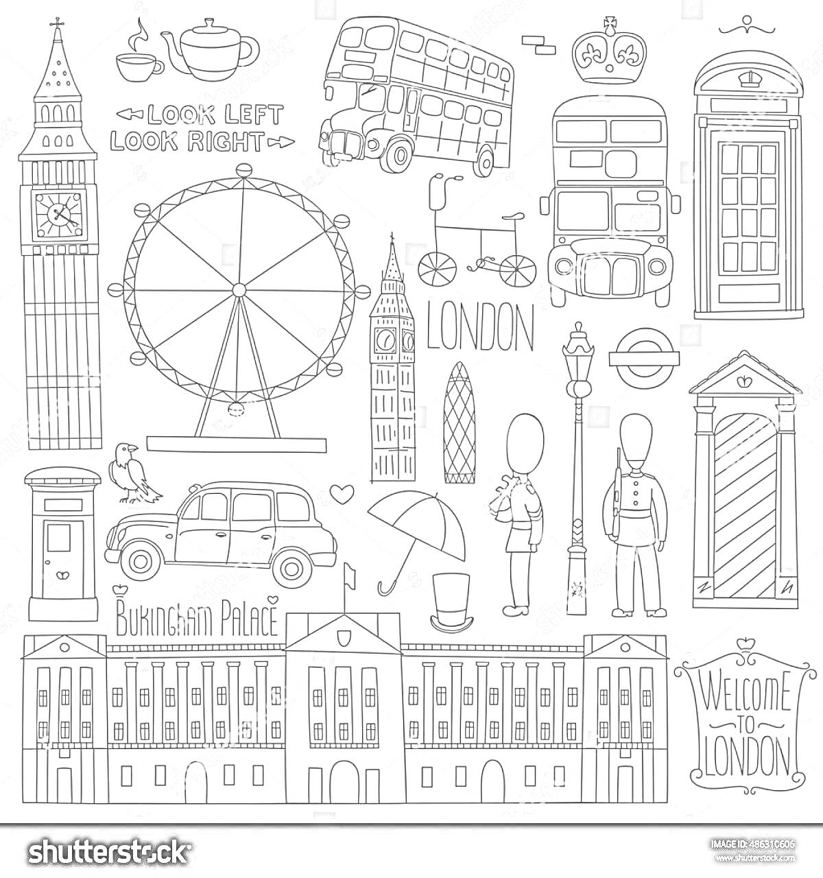 На раскраске изображено: Биг Бен, Колесо обозрения, Автобус, Телефонная будка, Лондон, Чашка чая, Лондонский глаз