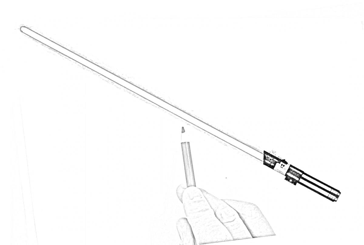 Раскраска Лазерный меч и рука с карандашом на фоне белого листа бумаги