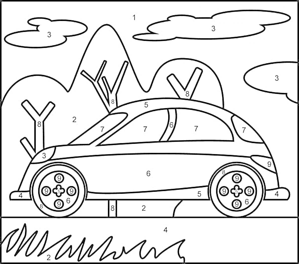 Раскраска автомобиль на фоне гор и деревьев, с облаками и травой