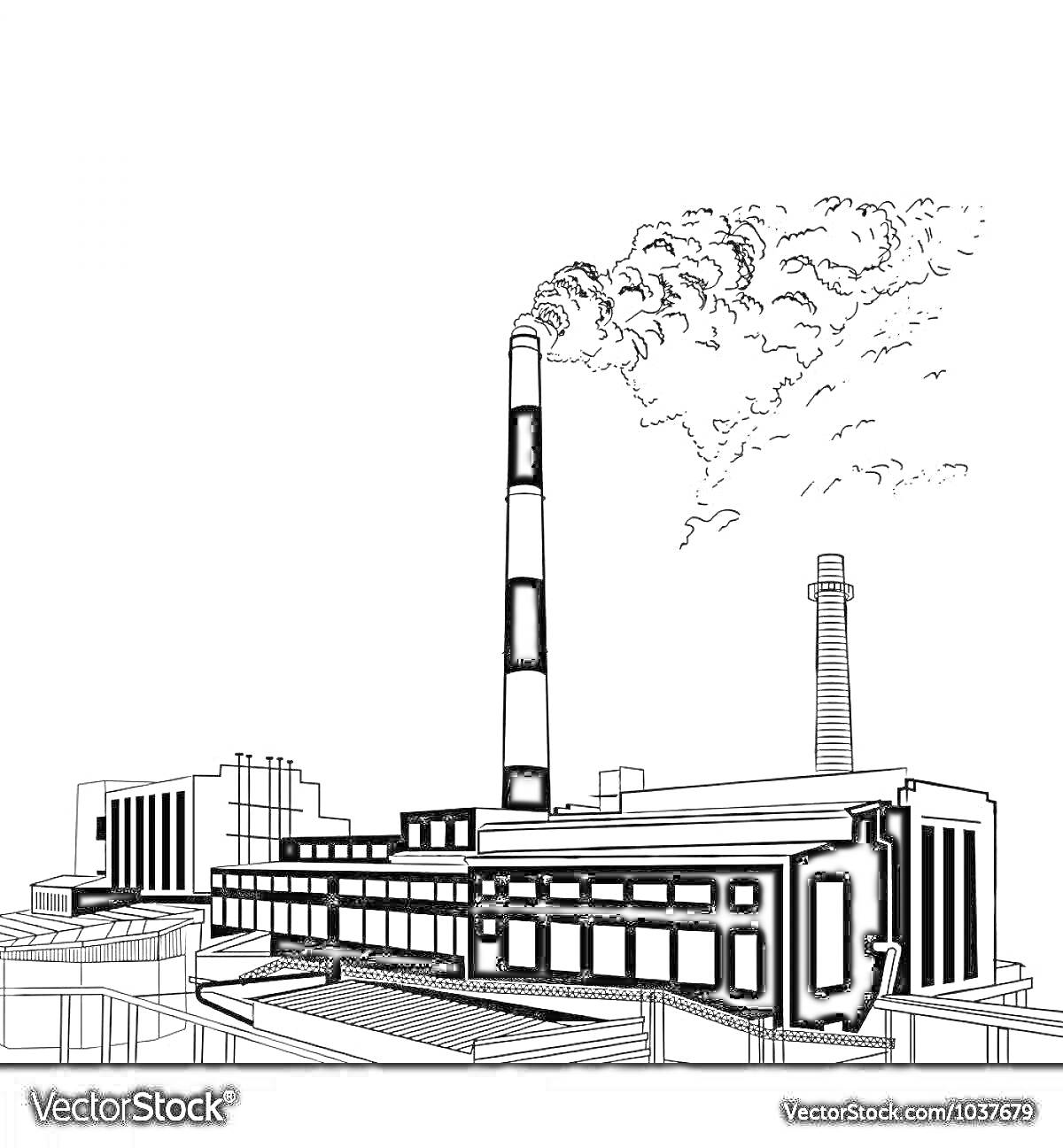 Раскраска Электростанция с паровыми трубами, зданиями и дымом