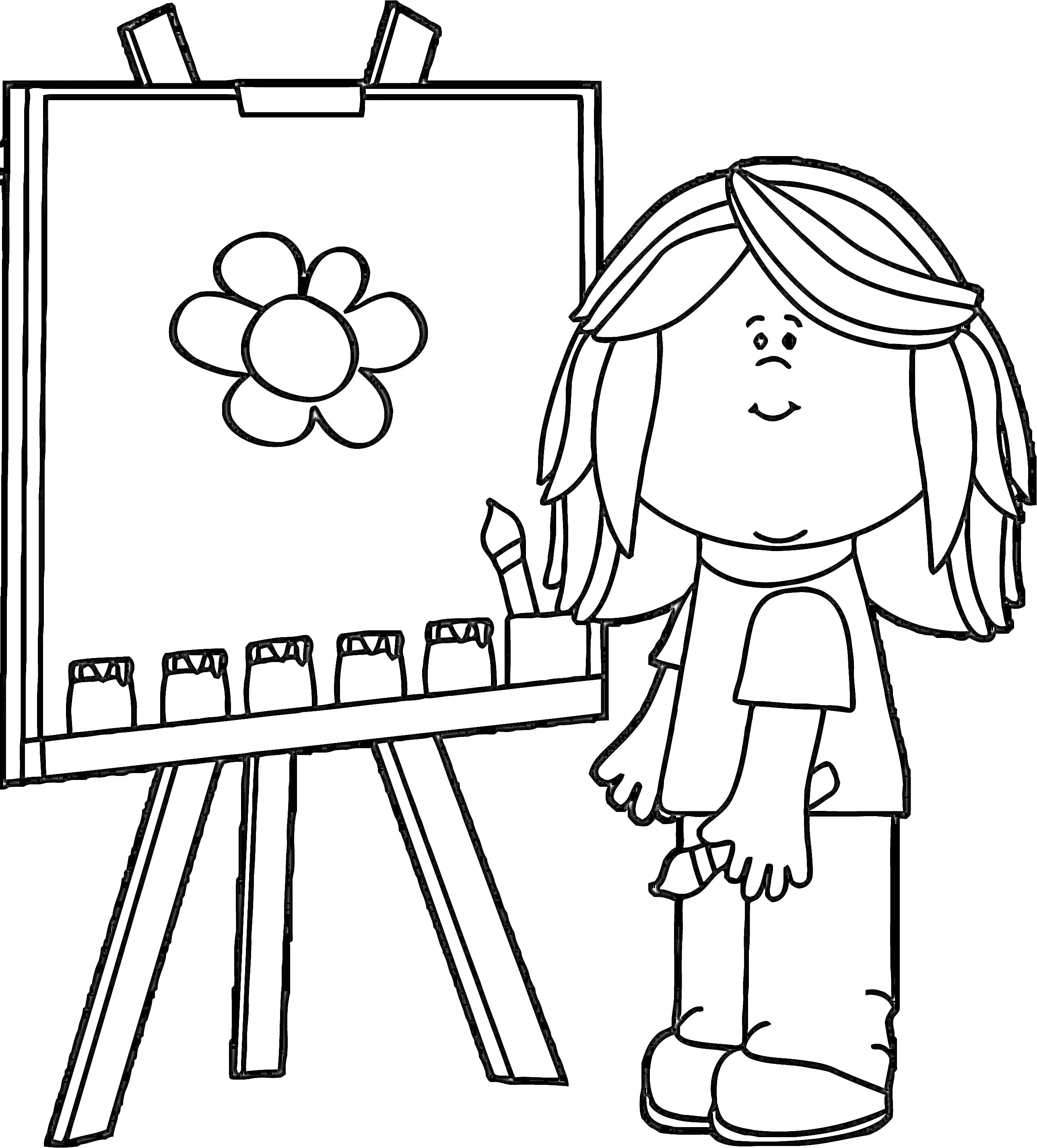 Раскраска девочка-художник с мольбертом, на котором нарисован цветок, кисточка, тюбики краски