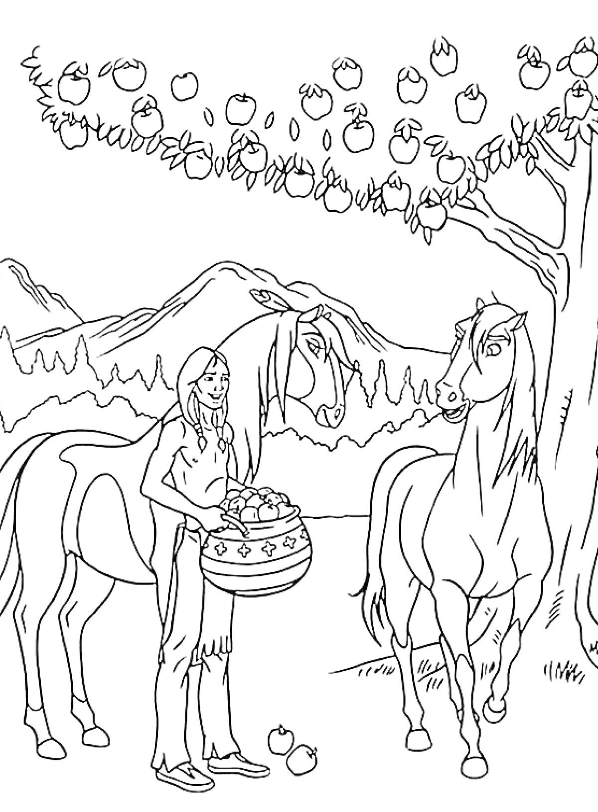 РаскраскаДевочка с корзиной яблок, стоящая рядом с двумя лошадьми под яблоней на фоне гор
