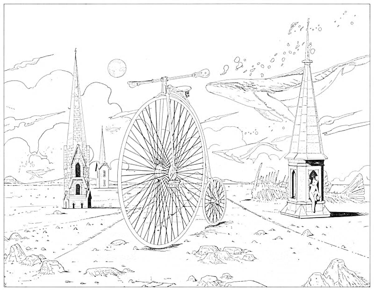 Раскраска Вокруг света на велосипеде с видами на церкви и башни, кит в облаках