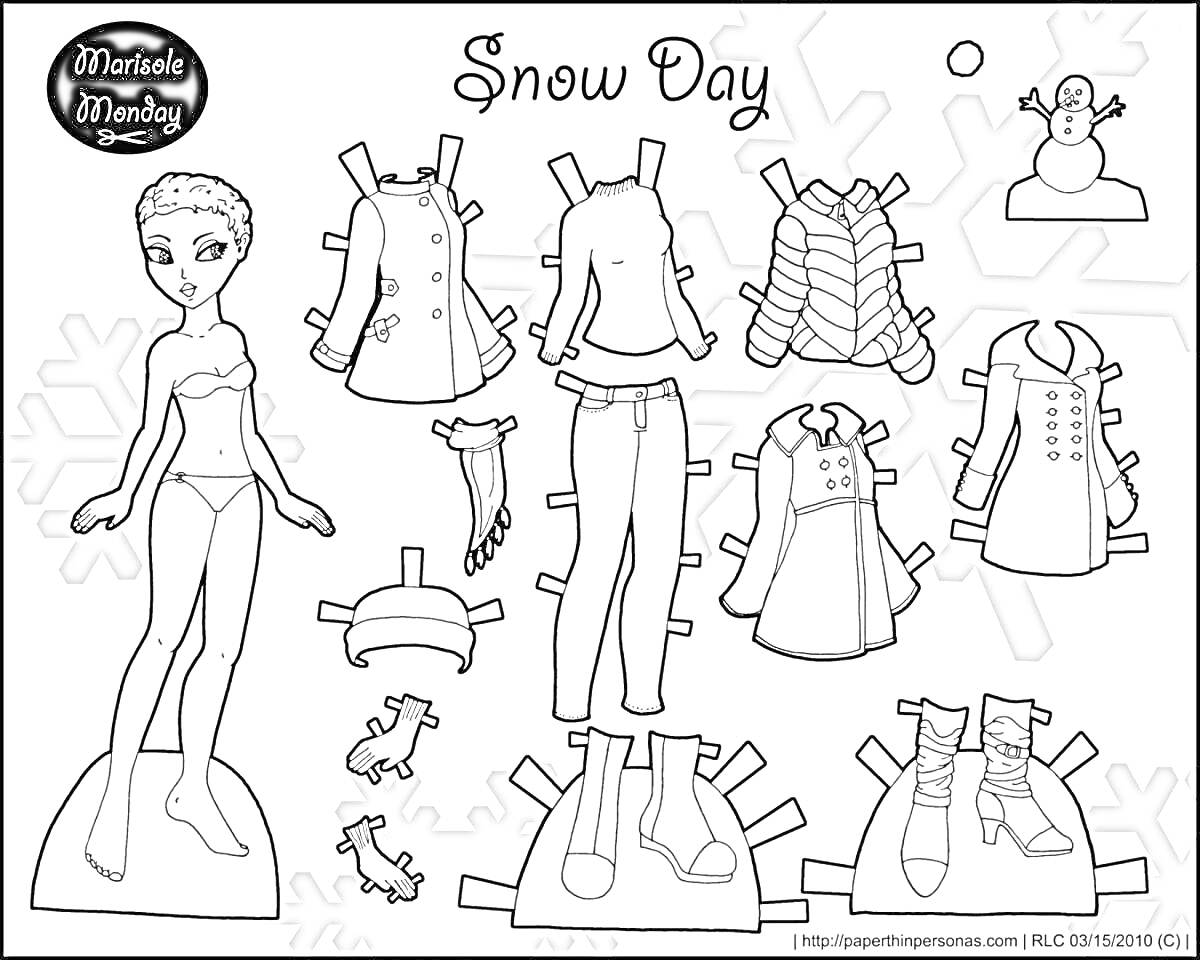 Раскраска девочка с одеждой для зимы, включающей пальто, куртку, штаны, свитер, шапку, шарф, варежки, сапоги, ботинки и фигурку снежного человека