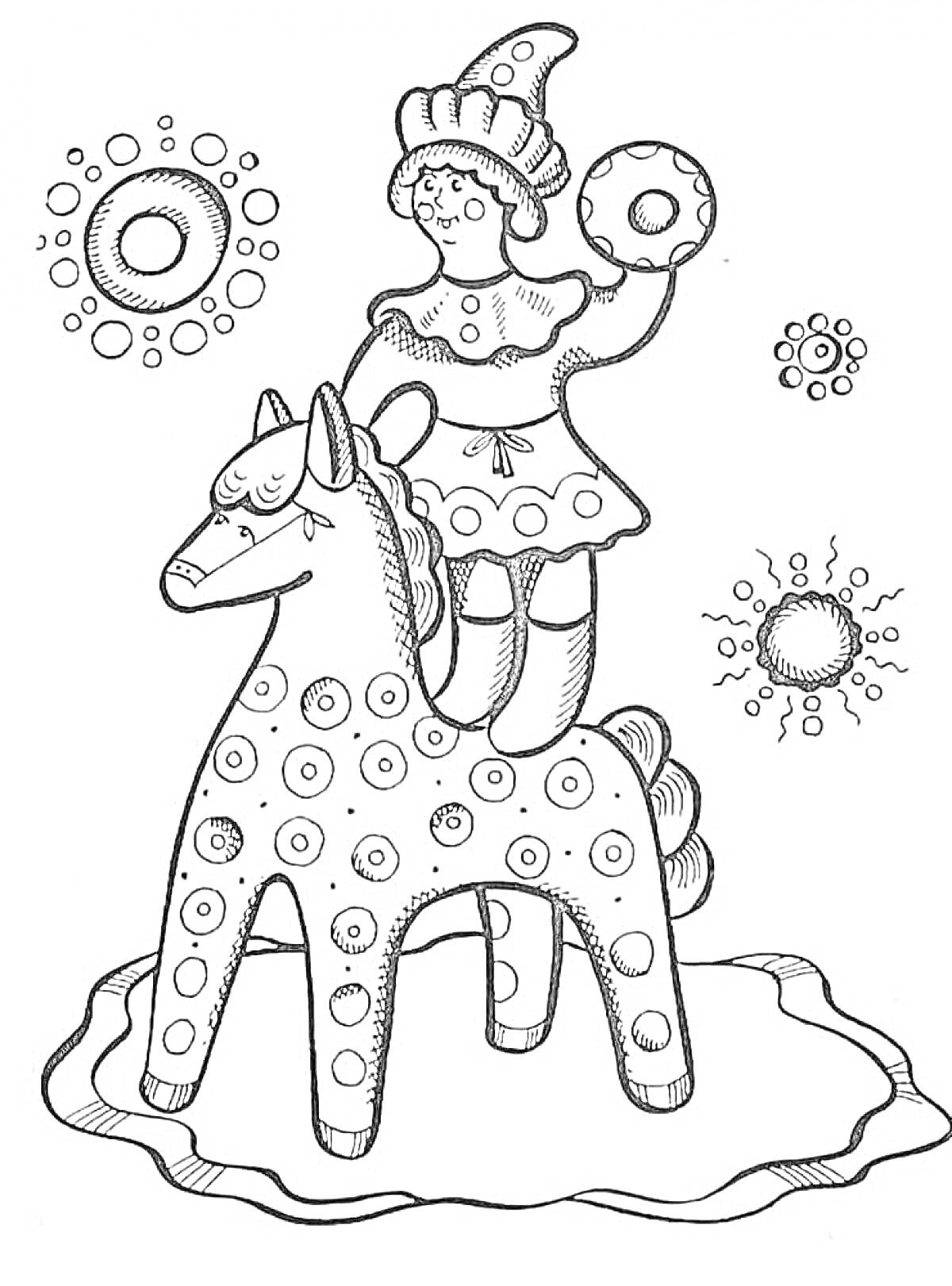 Раскраска Девушка с барабаном на лошади и солнцами