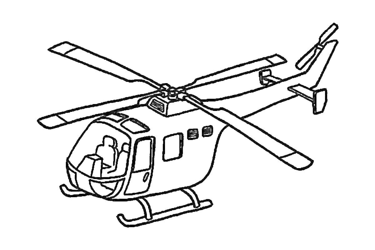 На раскраске изображено: Вертолет, Авиация, Транспорт, Лопасти, Для детей, Кабина водителя