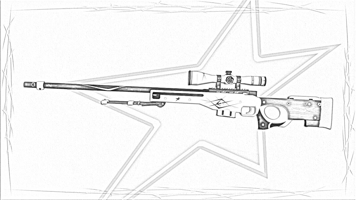 Раскраска Снайперская винтовка с оптическим прицелом на фоне звезды