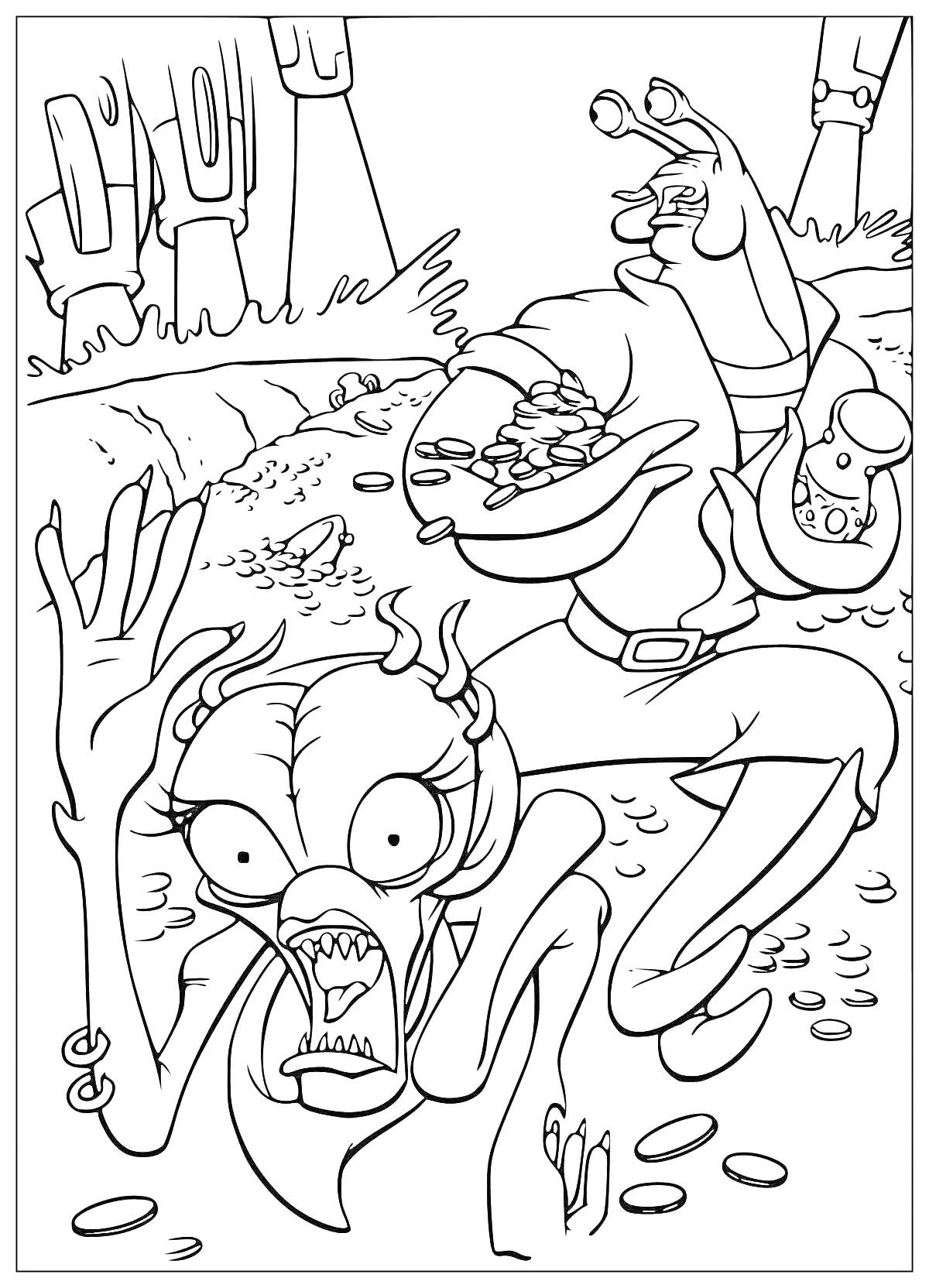 Раскраска Пришелец и человек в космическом костюме на причудливой планете с монетами