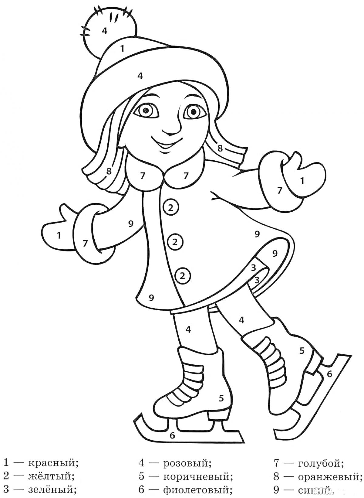 Раскраска девочка на коньках с деталями (шапка с помпоном, рукавицы, шарф, пальто, юбка, леггинсы, коньки)
