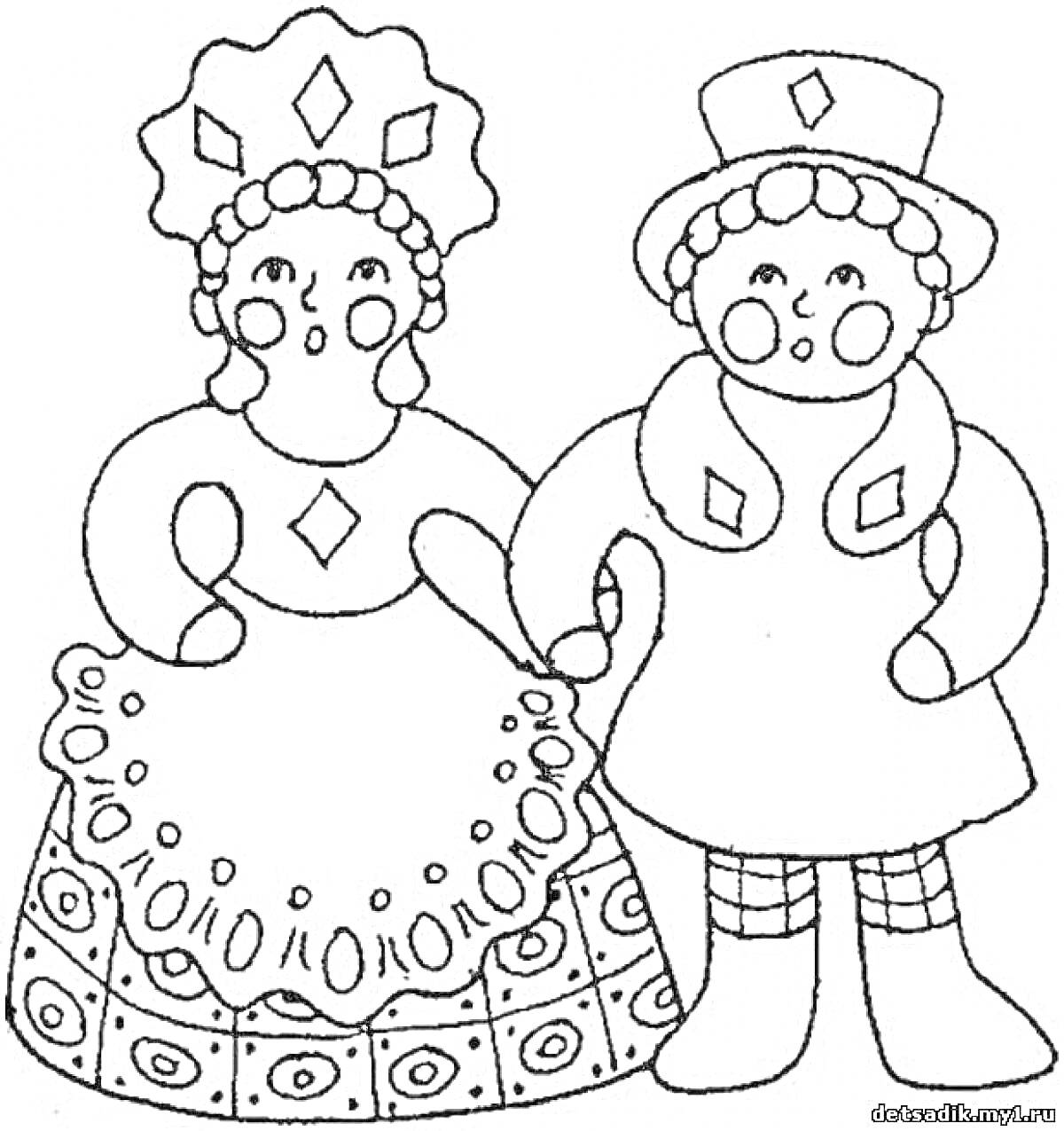 Раскраска Мужчина и женщина в традиционных костюмах, держатся за руки
