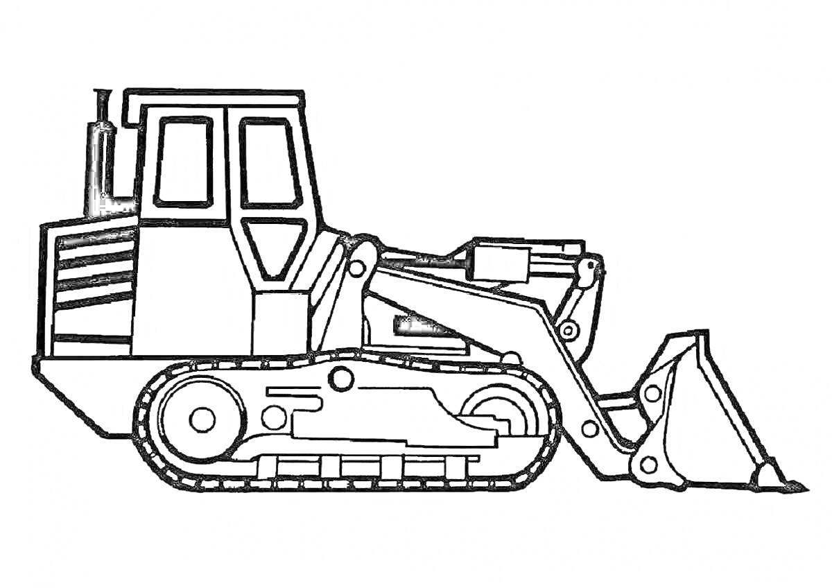 Раскраска Трактор с ковшом и гусеницами, боковой вид