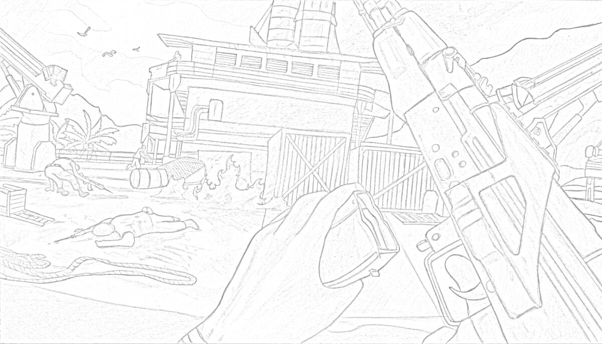 Раскраска Стендофф на причале с водопадом и большим кораблем, автомат в руках