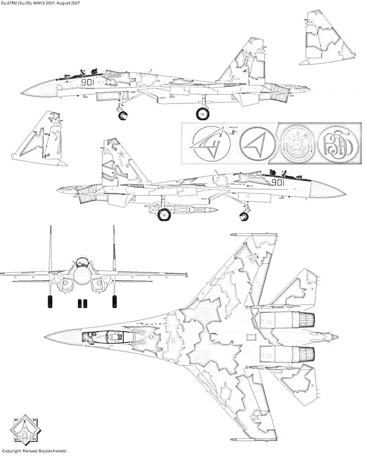 Раскраска Истребитель Су-35 с камуфляжной раскраской, вид сбоку, сверху и сзади, два элемента хвостового оперения, четыре круглых символа, включая звезду и два треугольника