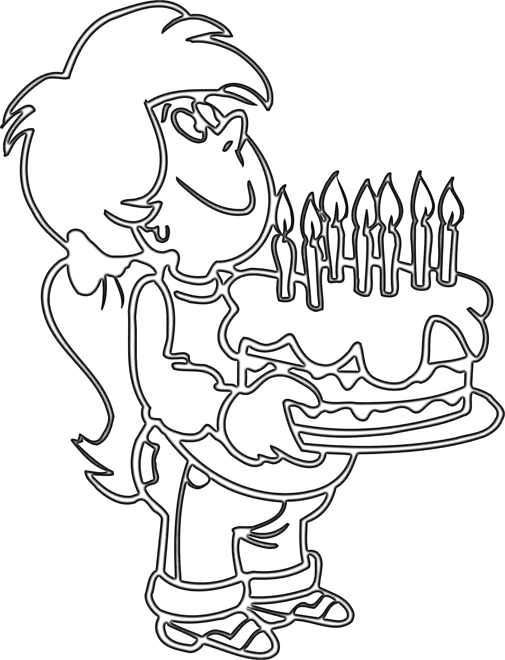 Девочка с длинными волосами и бантом держит праздничный торт с семью свечами