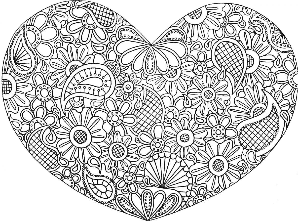 Раскраска Сердце с цветами, бабочками и узорами