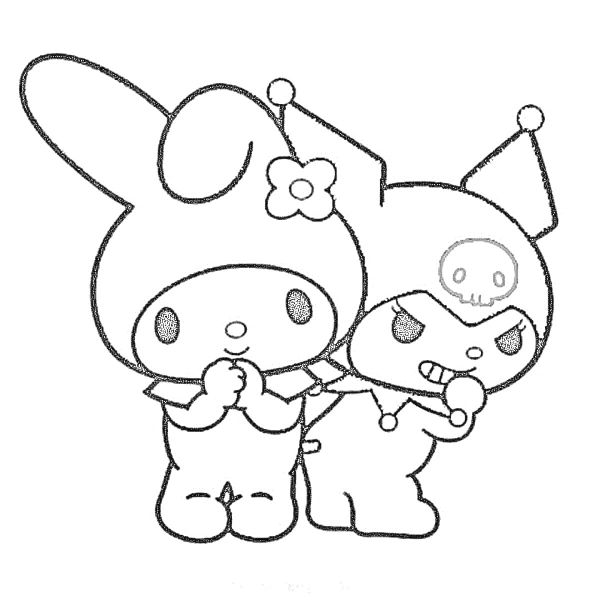 Раскраска Две милые персонажки в костюмах: одна с цветочком на голове и одна с черепом на шапочке