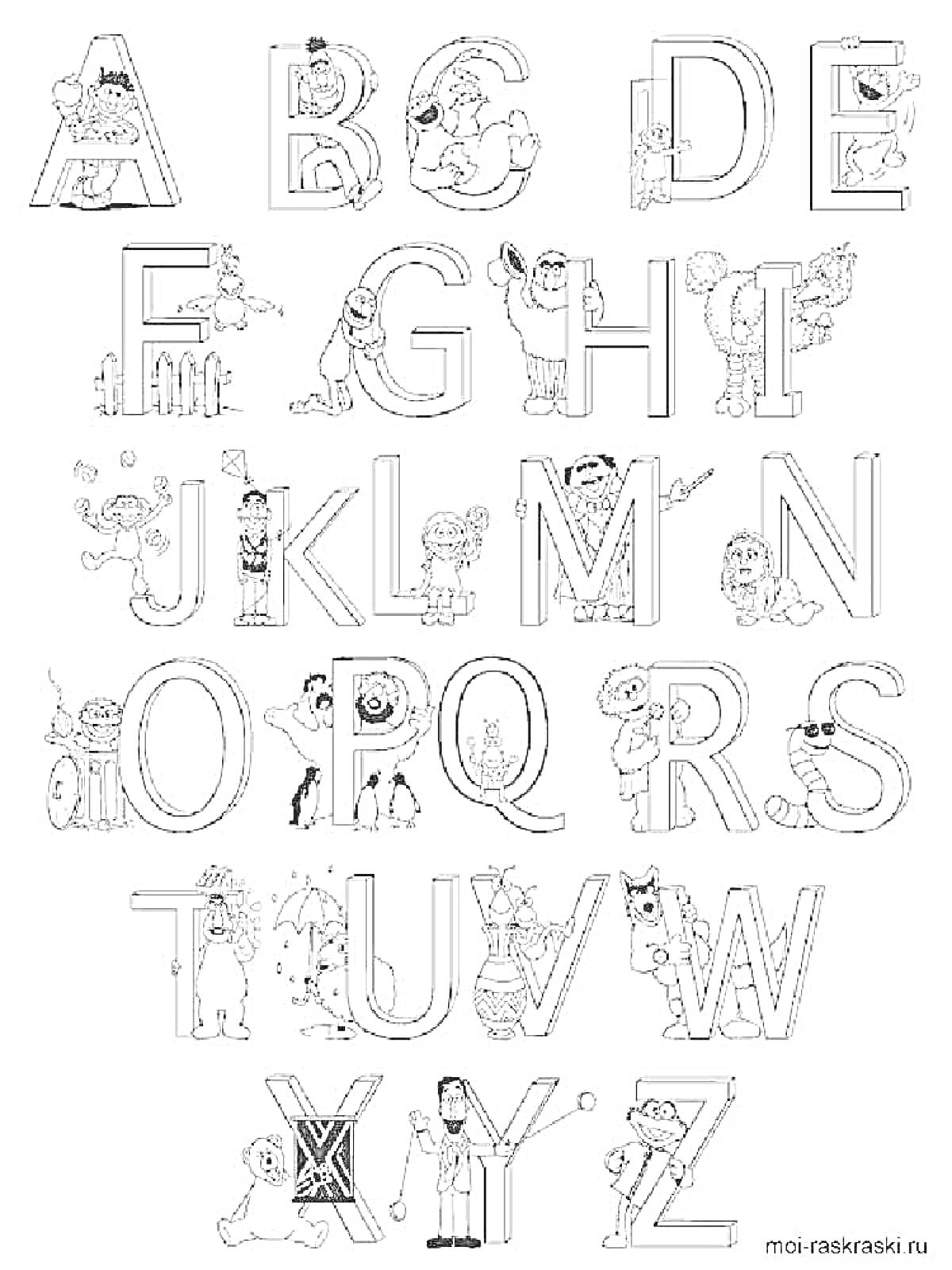 На раскраске изображено: Алфавит, Буквы, Животные, Предметы, Еда, Обучение