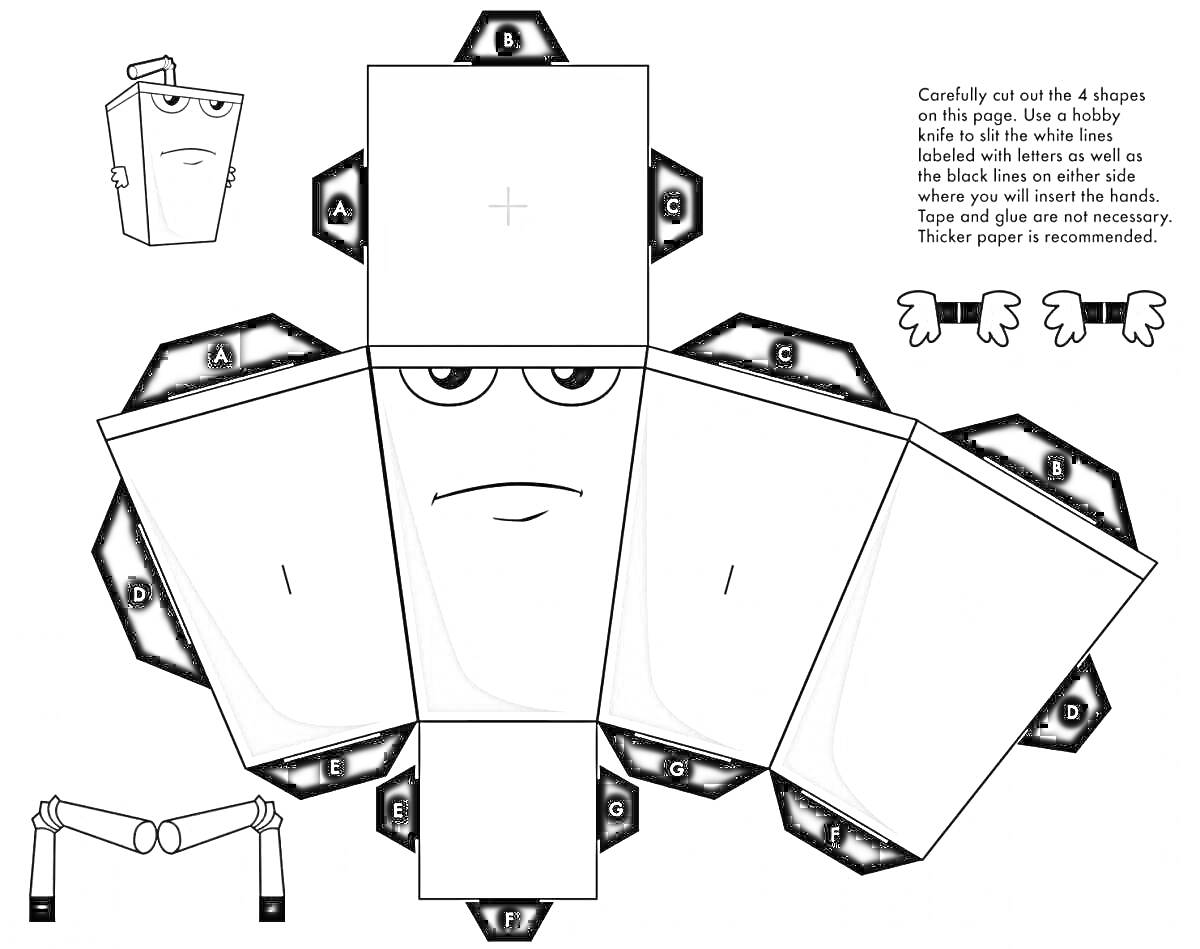 На раскраске изображено: Склеить, Коробочка, Лицо, Руки, Бумажная модель, DIY
