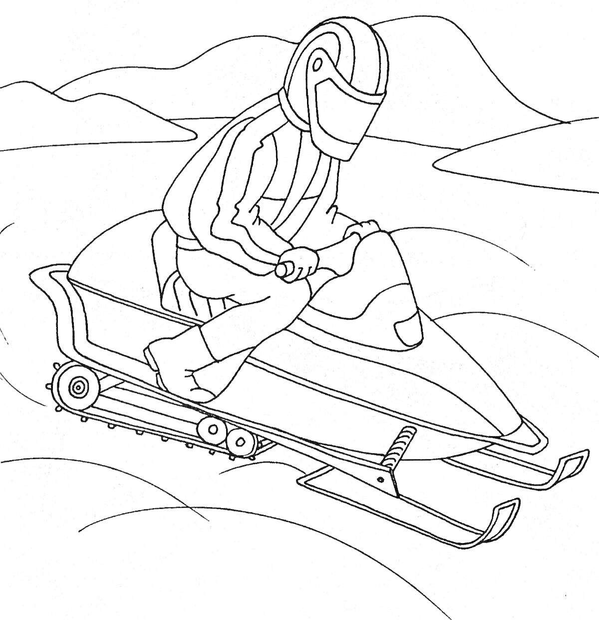 На раскраске изображено: Снегокат, Человек, Горы, Зимний спорт, Катание, Защитный костюм, Холмы, Снег