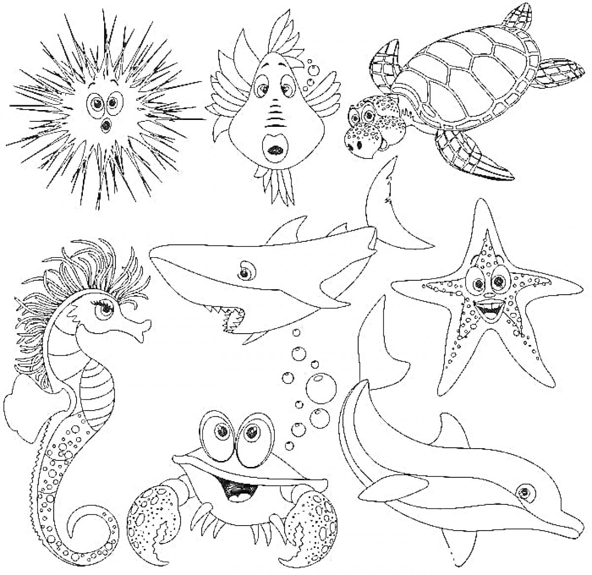 На раскраске изображено: Морские обитатели, Морская жизнь, Морской конек, Черепаха, Краб, Морская звезда, Для детей, Животные, Акулы, Дельфины