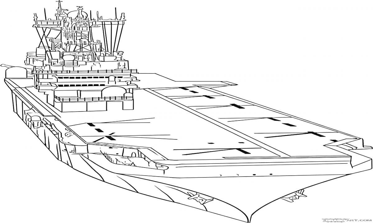 Раскраска авианосец с взлетно-посадочной полосой, антеннами, мостиком, надстройками и радаром