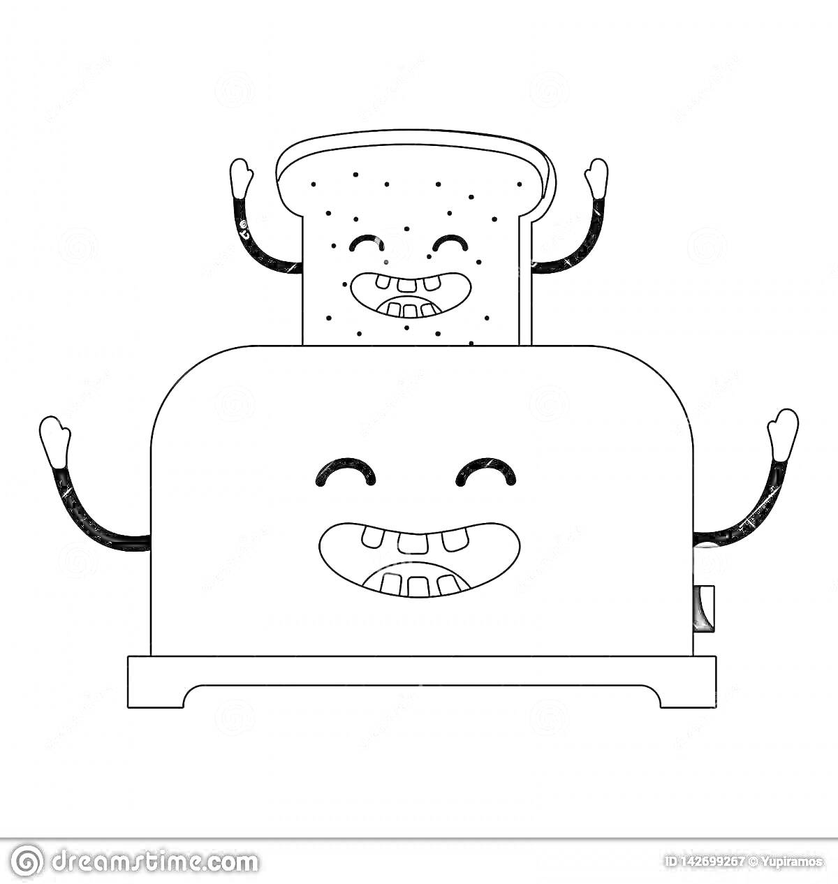Раскраска Тостер с кусочком хлеба с лицами и поднимающими руками