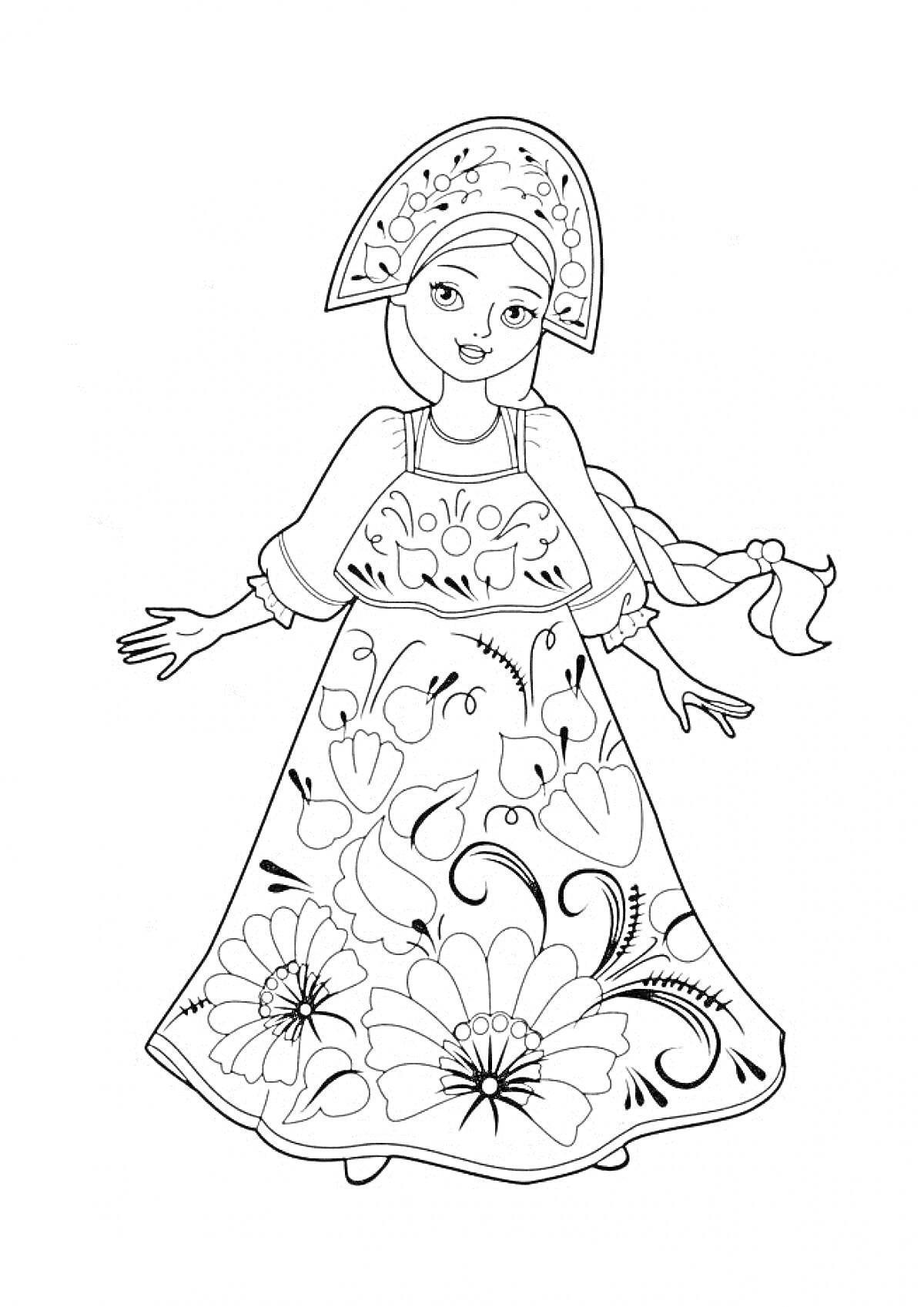 Раскраска Девушка в русском народном костюме с кокошником и сарафаном с узором цветов
