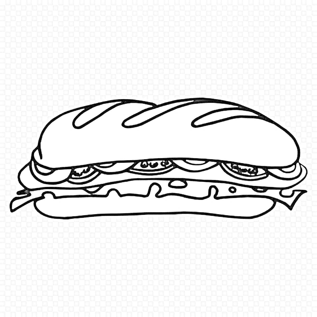 Раскраска Раскраска сэндвич с булкой, огурцом, луком, помидором и листьями салата