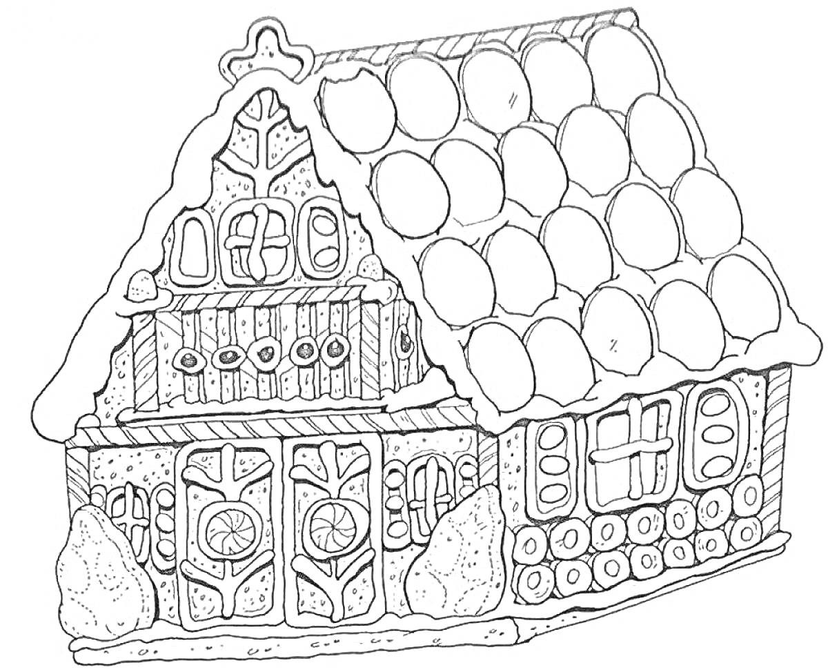 Раскраска Пряничный домик с круглой черепичной крышей, заснеженными краями, леденцами на фасаде и двумя деревьями по бокам