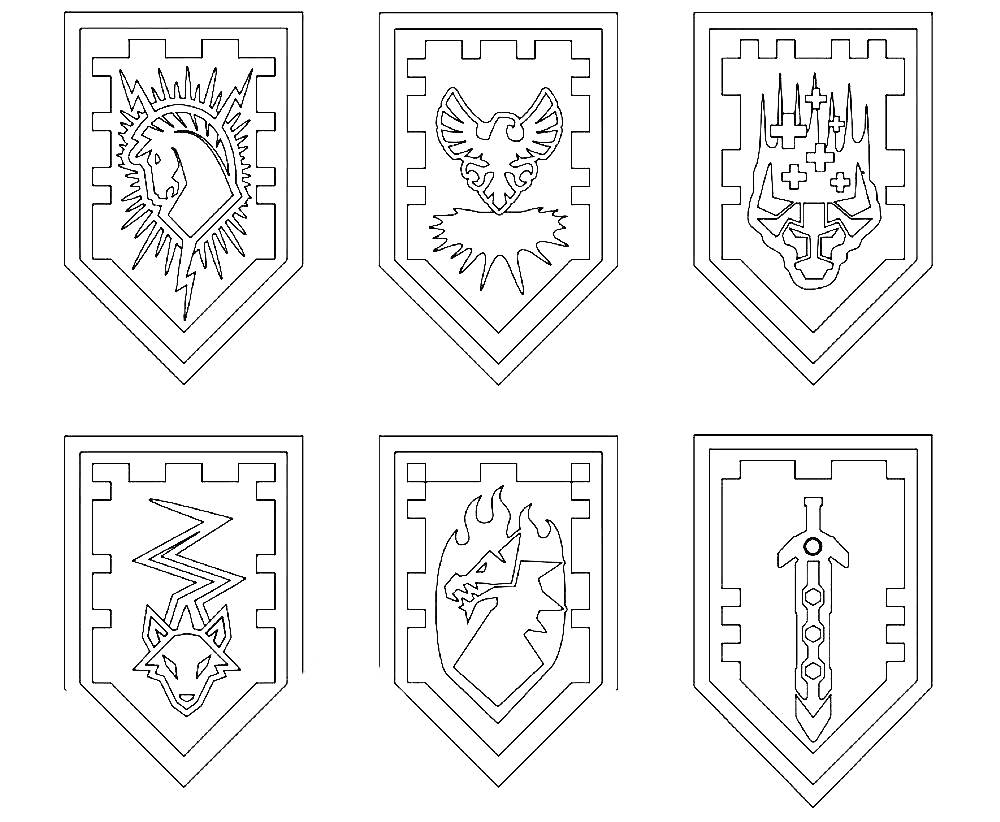 Геральдические щиты Лего Нексо Найтс с изображениями коня, орла, черепа, волка, пламени и меча