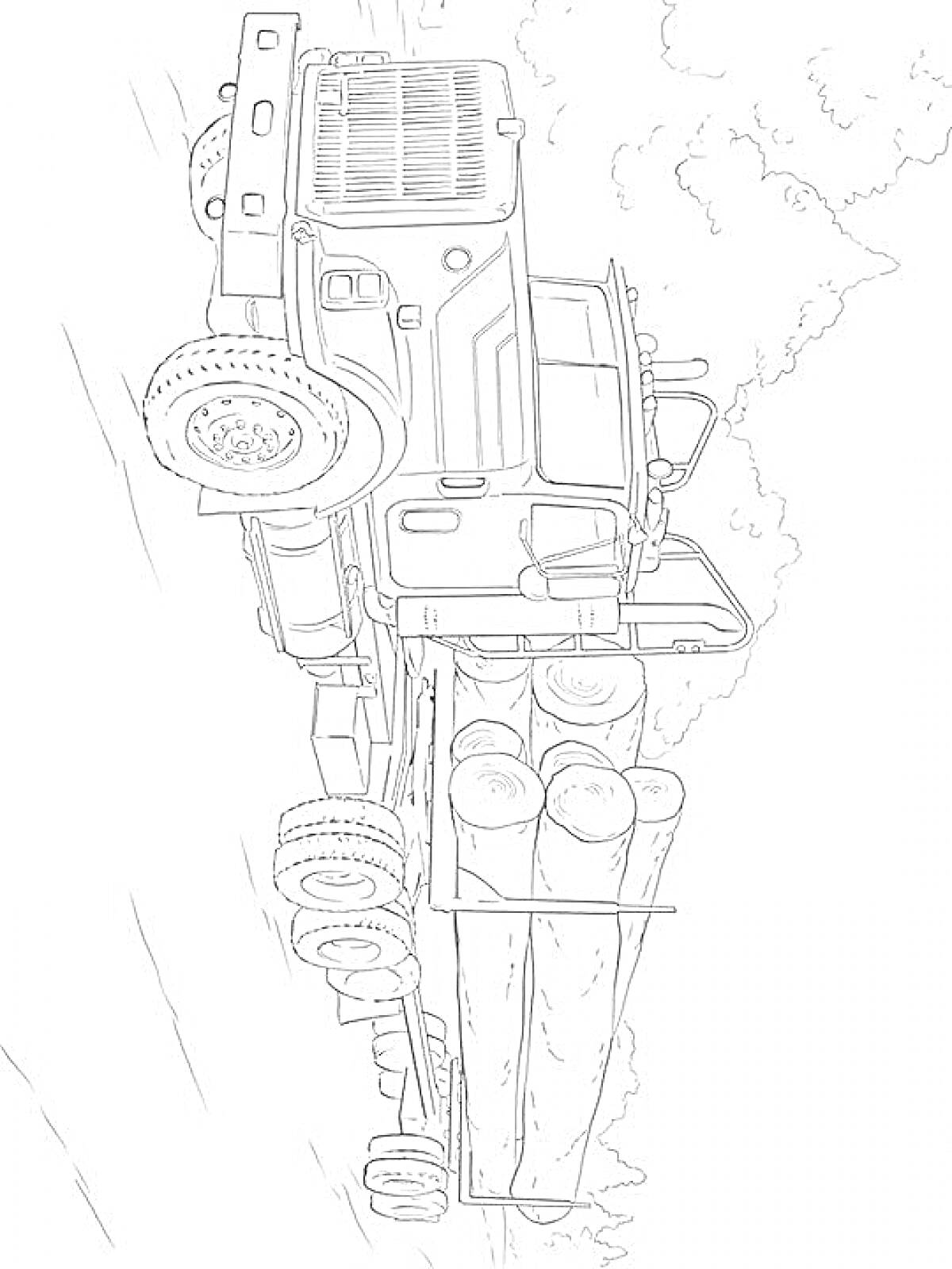 Раскраска Лесовоз с бревнами и деревьями на заднем плане