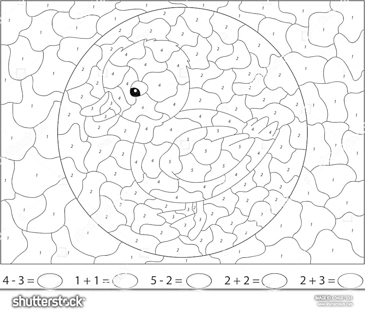 На раскраске изображено: Цифры, Уравнения, Утка, Мозаика, Обучение, Творчество, Подсчет