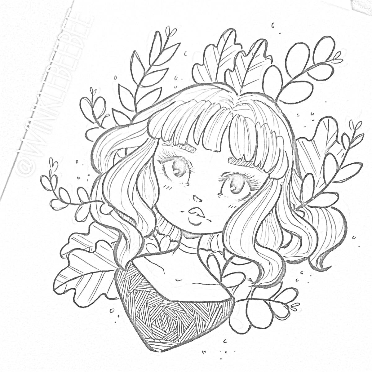 Раскраска Девушка с длинными волосами и челкой на фоне листьев