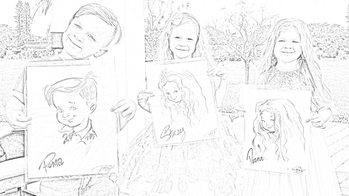 Раскраска Дети держат рисунки с изображением людей