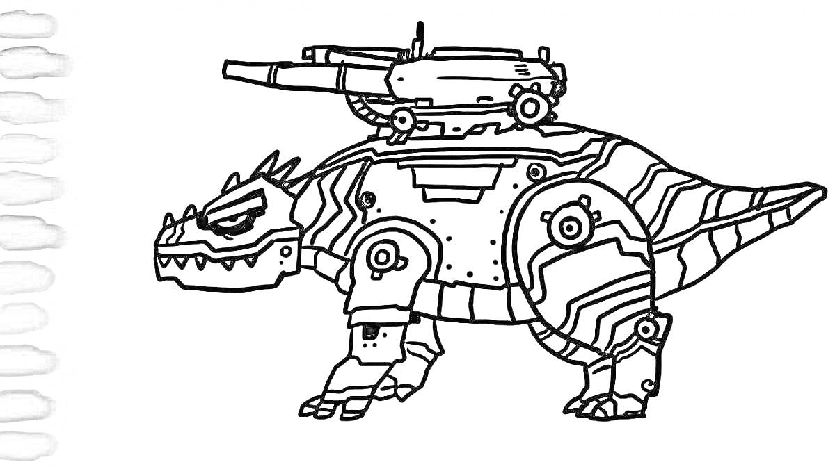 Раскраска Динозавр робот с пушкой и шестернями