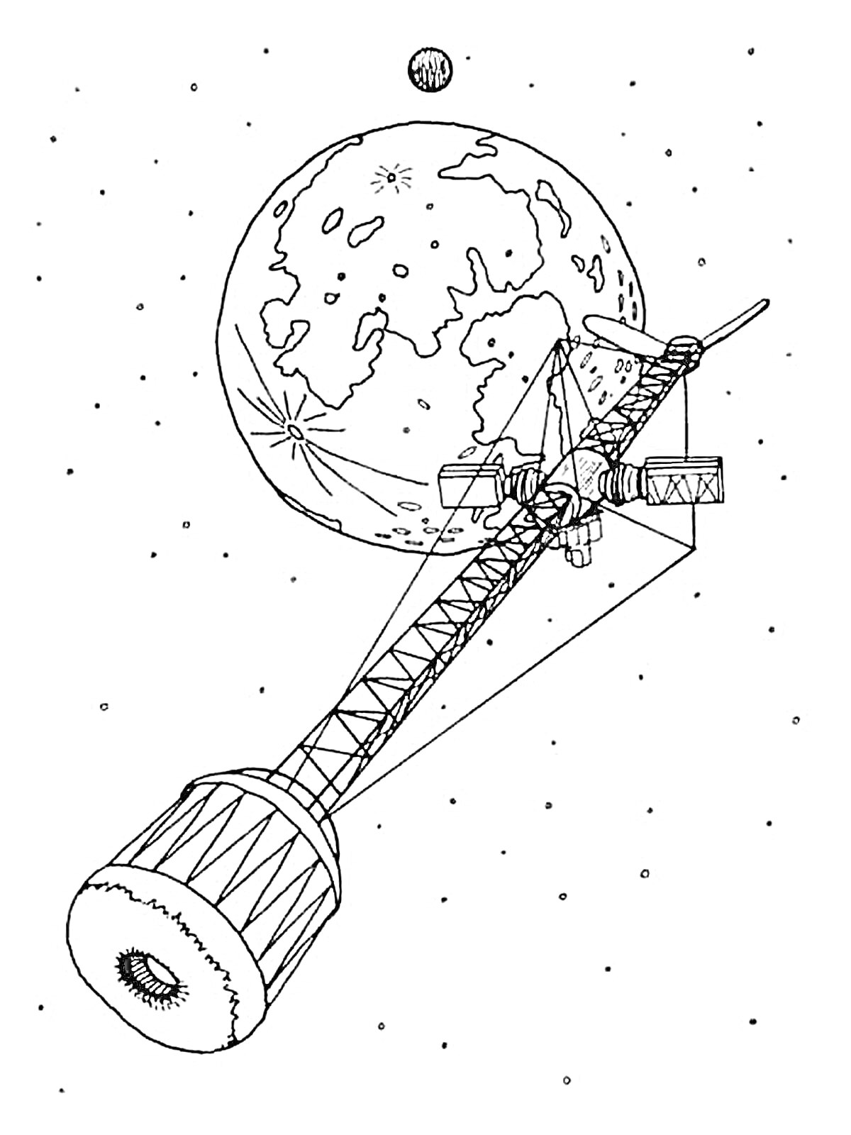 На раскраске изображено: Космос, Космическая станция, Луна, Комета, Звезды, Орбиты