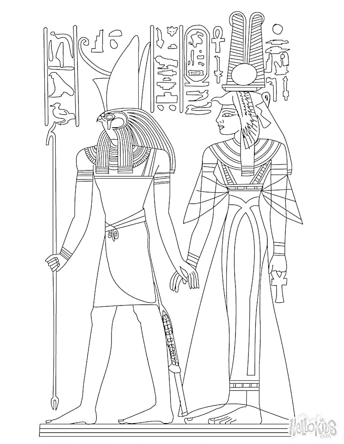 На раскраске изображено: Египет, Фараон, Царица, Иероглифы, Древний Египет, Искусство, История, Символы