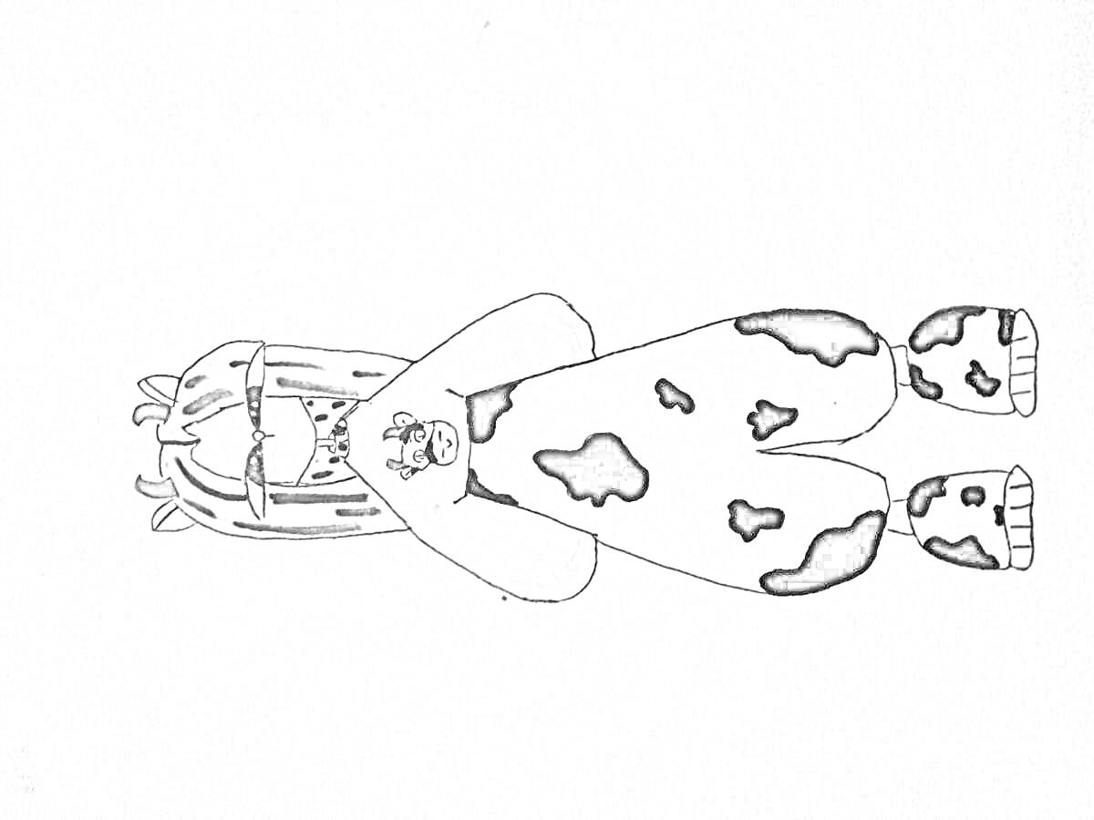 Раскраска Персонаж с длинными волосами, одетый в костюм коровы