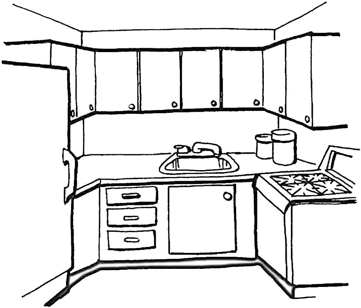 Раскраска Кухня с раковиной, плитой, шкафами и банками