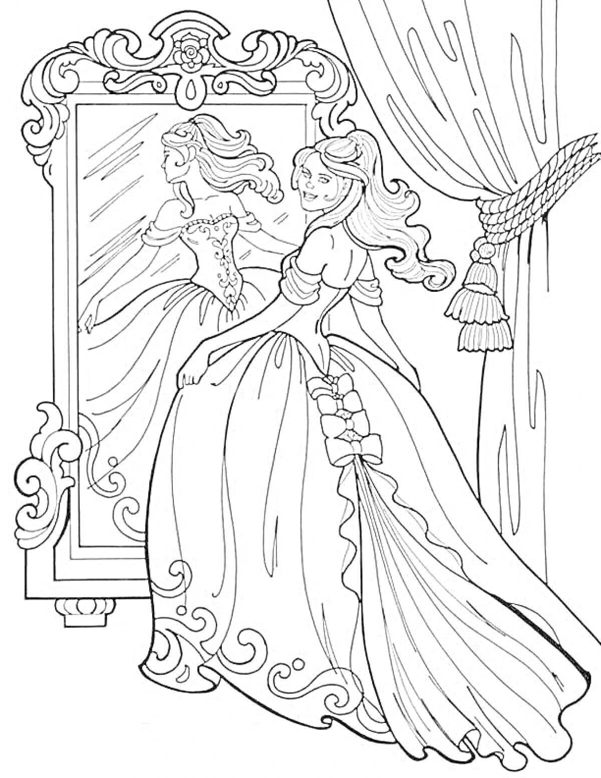Раскраска Принцесса в замке перед зеркалом, с шторами и замысловатым узором на платье