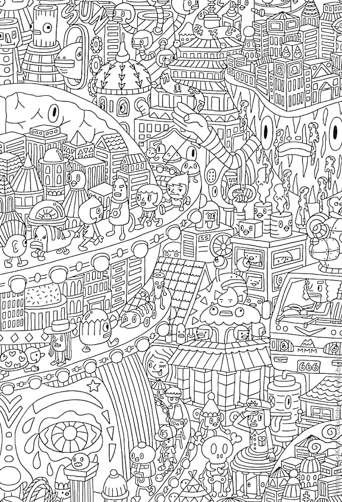 Раскраска Городская жизнь. Многие здания и конструкции, транспорт, персонажи и различные мелкие детали.