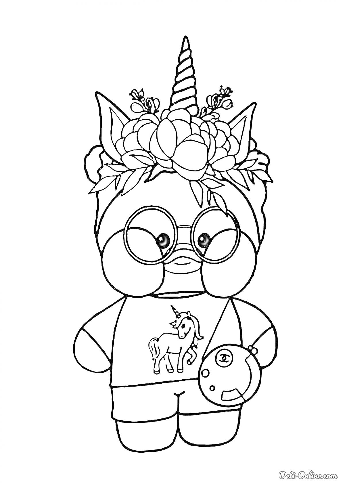Раскраска Лалафанфан с цветочным ободком и рогом, в очках, футболке с единорогом, с сумкой через плечо