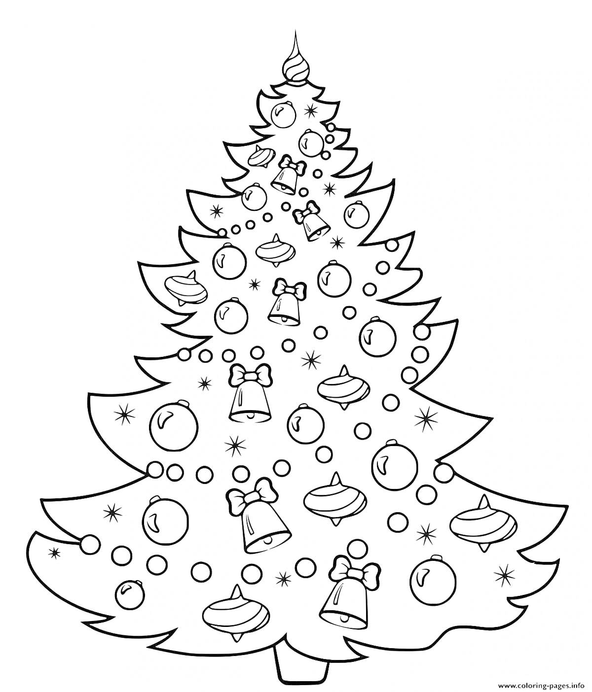 Раскраска Новогодняя ёлка с колокольчиками, шарами, бантами и снежинками