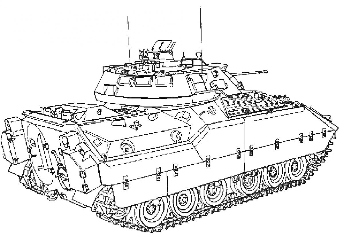 Раскраска Лего танк с башней, гусеницами, антеннами и секциями брони