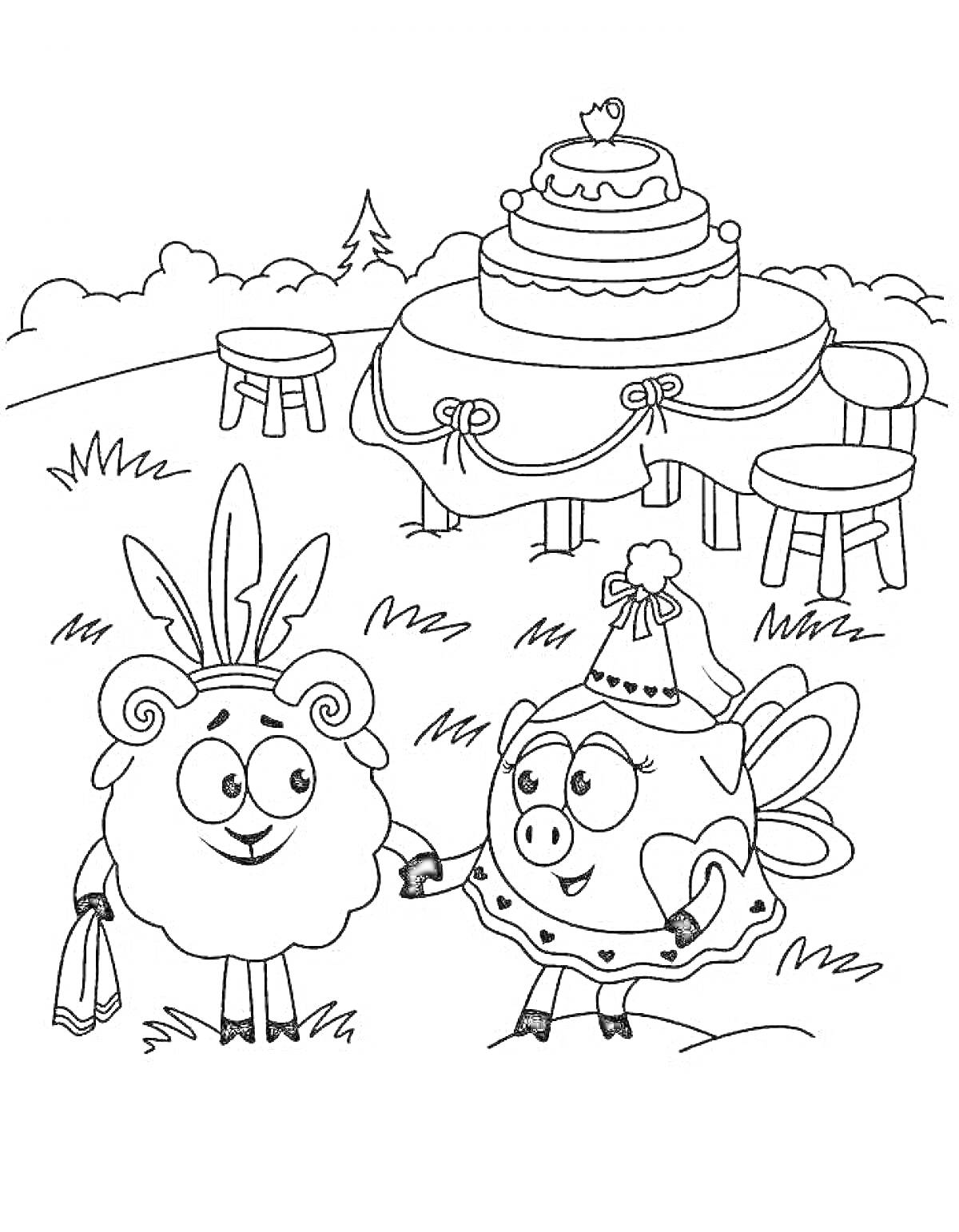 Раскраска Нюша и барашек на пикнике с большим тортом и стульями на природе